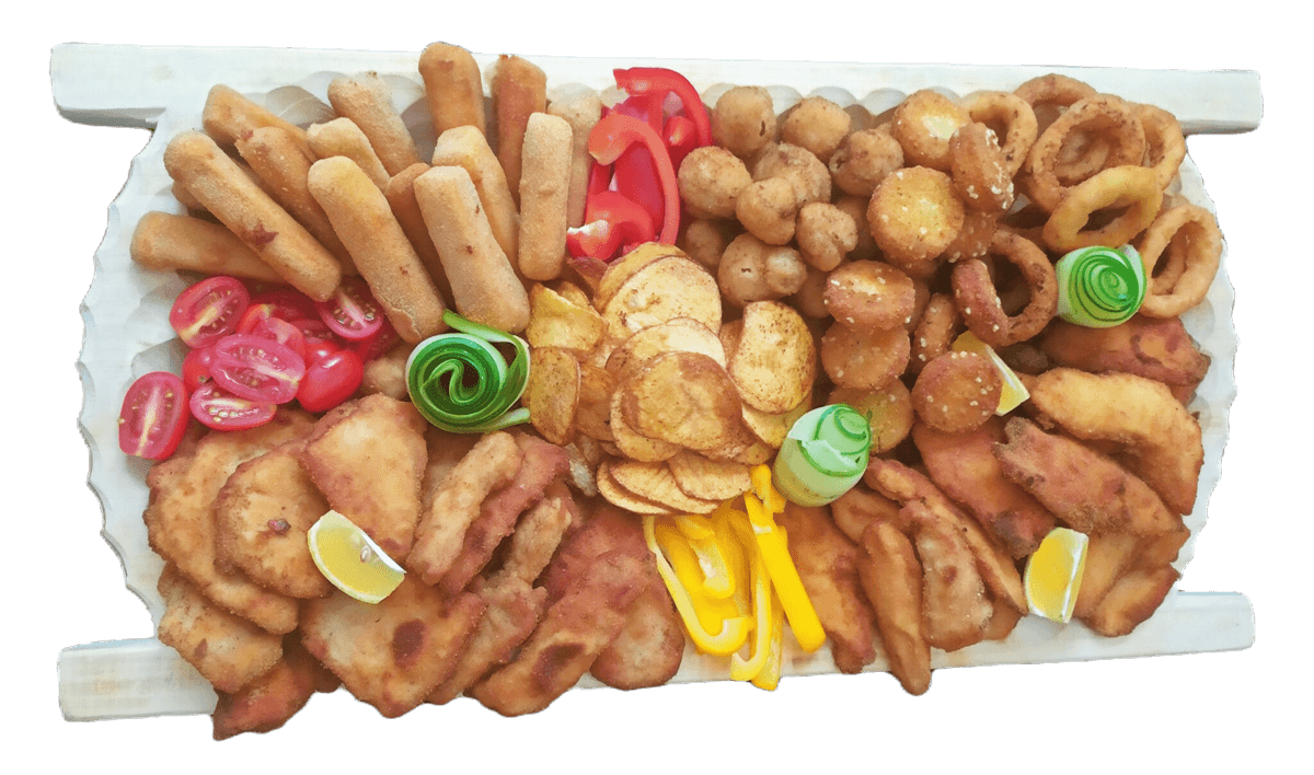 Sharing platter Fried — Mini chicken schnitzels – 0.7 kg, Mini pork schnitzels – 0.7 kg, Fried cheese sticks – 0.4 kg